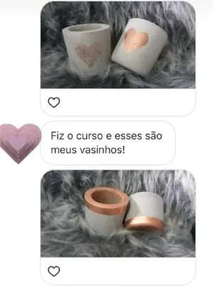 Jarrinhos de concreto com detalhe em cobre feitos por aluna