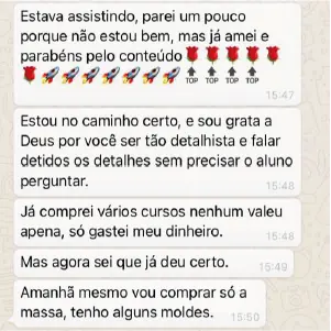 Depoimento de aluna via WhatsApp sobre atenção aos detalhes