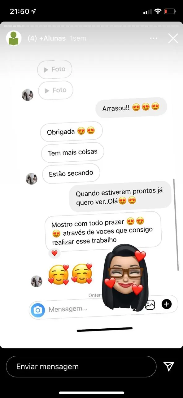 Mensagem de aluna autorizando postar fotos nas redes sociais